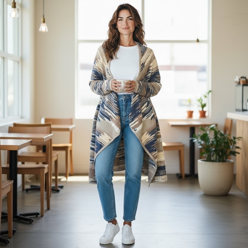 Lucky Brand Open Front Knit Cardigan – Southwestern Striped Pattern – Size L
